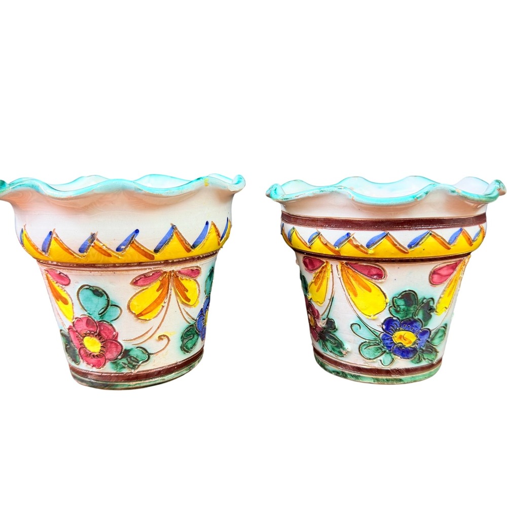 Vintage Italy Hand Painted Ceramic Mini Planters Pair Multi Color Floral 4in
